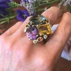 sterling Silver amethyst citrine statement Ring 8.5 Gemstone Rings Unique, Heirloom Rings, Art Ring, Gold Statement Ring, Citrine Ring, Black Rhodium, Unique Gemstones, Green Amethyst, Blue Topaz Ring