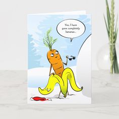 a greeting card with a cartoon carrot on top of a banana