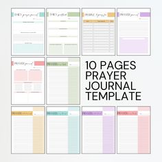 the 10 pages prayer journal template is shown in pastel colors and includes lined paper