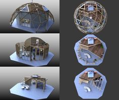 four different views of an outdoor play area with furniture and accessories in various stages of construction