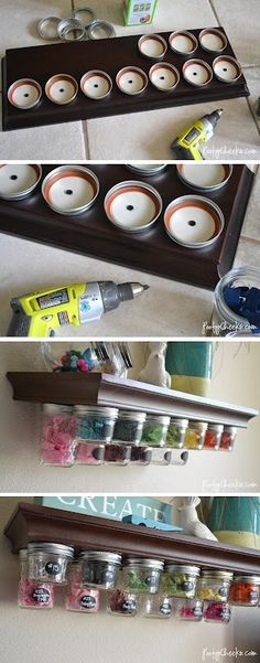 three different shots of jars and candles on a shelf above the toilet paper dispenser