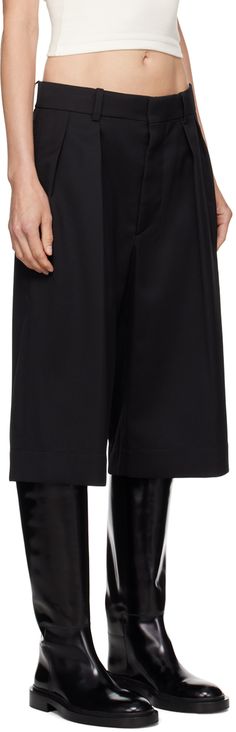 Wide-leg virgin wool barathea shorts. · Low-rise · Belt loops · Four-pocket styling · Zip-fly · Pleats at front waistband Supplier color: Black Wardrobe Nyc, Low Rise Shorts, Tailored Shorts, Black Body, High Rise Shorts, Drawstring Shorts, Workout Shorts, Low Rise, White Shorts