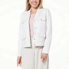 Jaclyn Smith Stretch Knit Tweed Jacket  A crowd-pleaser with its trendy texture and cool pockets, this short, classic everyday jacket has the power to elevate even the most casual outfits. Sitting right at the hip, the button-front topper keeps your look classy and a little sharper and sleeker than your typical outerwear. Pair this durable yet soft-to-the-touch tweed jacket with dark denim for a rustic yet refined autumn look, or layer it over a floral sundress for a chic spring or summer ensemb Chic Button-up Tweed Jacket With Pockets, Casual Single Breasted Tweed Jacket For Spring, Chic Tweed Outerwear With Buttoned Pockets, Chic Tweed Jacket With Lapel Collar And Pockets, White Tweed Jacket With Pockets For Work, Casual Spring Tweed Jacket With Pockets, Casual Spring Button-up Tweed Jacket, Casual Button-up Tweed Jacket, Casual Spring Tweed Outerwear