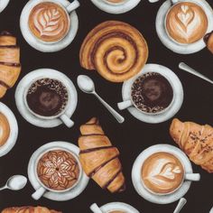 coffee and croissants on a black background with hearts in the mugs