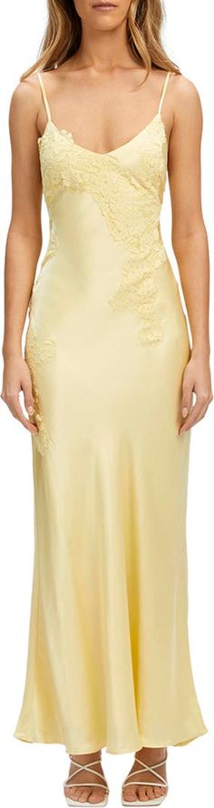 Bardot Avoco Lace Trim Midi Slipdress | Nordstrom Summer Satin Slip Dress With Lace Back, Silk Yellow Dress, Yellow Bridesmaid Dresses, Prom Dress Inspiration, Canary Yellow, Grad Dresses, Dreamy Dress, Satin Maxi, Satin Maxi Dress