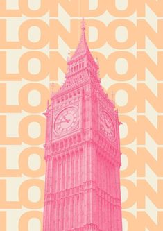 the big ben clock tower towering over the city of london, england in pink and yellow