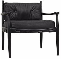 a black leather chair with arms and legs