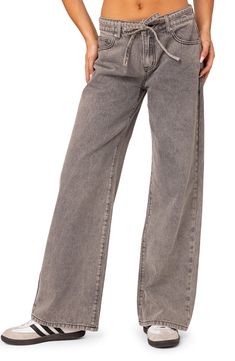 Low-slung nonstretch jeans are crafted with a tie belt, trendy wide legs and a faded wash for a well-loved look. Zip fly with button closure Five-pocket style Removable tie belt 100% cotton Machine wash, dry flat Imported Gray Wide Leg Washed Jeans, Trendy Gray Wide Leg Flare Jeans, Gray Washed Wide Leg Jeans, Low Rise Wide Leg Jeans, Norma Jean, Belt Tying, Grey Jeans, Jean Grey, Wide Legs