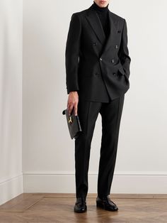 TOM FORD Slim-Fit Wool and Silk-Blend Suit Trousers for Men | MR PORTER Men’s Suit Designs, Wattpad Suit Men, Elegant Dress For Man, How To Style Suits For Men, Black Suit Styles For Men, Men’s All Black Outfit Casual, All Black Suits For Men, Man Suit Outfit, Suit Men Ideas