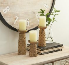 Carved Pillar Candle Holder, The Feathered Farmhouse Natural Candle Holders, Wood Pillar Candle Holders, Geometric Candle Holder, Hand Carved Candles, Round Candle Holder, Natural Candle, Round Candles, Cottage Grove, Pillar Candle Holder