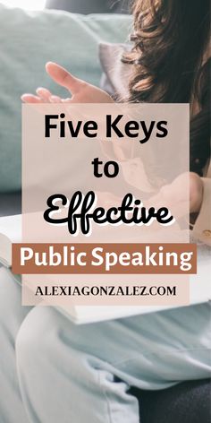 a woman sitting on a couch with her laptop and the words five keys to effective public speaking