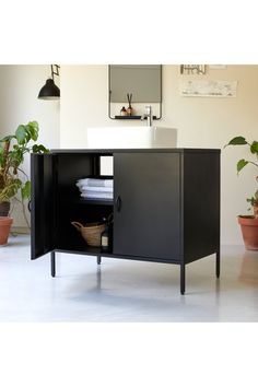 a black cabinet sitting in the middle of a living room next to potted plants