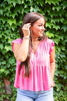 DETAILS How sweet is this babydoll blouse? With a flowy fit, textured details, function white buttons, and cute ruffle cap sleeves, this adorable top will be a cute change in your closet. Pair with denim shorts or white jeans for a fresh look! FIT TIP: True to size! Cassidy is wearing a small [5'2", 135 lbs, hourglass shape] BRAND: Wishlist Apparel Functional buttons Ruffle trim sleeves Textured details 100% Rayon CARE INSTRUCTIONS Hand wash, lay flat to dry Living In Yellow, 135 Lbs, Babydoll Blouse, Blouse Sale, Resort Dresses, Hourglass Shape, Fresh Look, Change In, Dress Romper