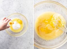 two images showing how to make an egg mixture in a bowl with whisk