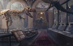 an artist's rendering of a dinosaur skeleton in a museum