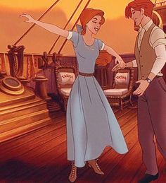 a man and woman are dancing on the deck of a ship in disney's beauty and the beast