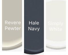 four different shades of paint with the words revere, hale, navy and simply white