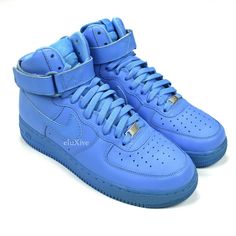 NWT Nike Air Force 1 High Color Pack 2008 University Blue  Guaranteed 100% authentic and genuine DEADSTOCK, SOLD OUT EVERYWHERE New / unworn Deadstock 2008 'Color Pack' release, very rare  University blue premium leather upper Tonal Nike swoosh logos on sides Tonal Nike logos on tongue and back tab Removable leather ankle strap University blue midsole and outsole Comes with original box (box is damaged) Size 10.5 Mens/ 12 Womens US Style Code- 321813-441 All pictures were shot in-house. They are Nike Air Force 1 Blue Leather, Blue Leather Nike Air Force 1 For Streetwear, Blue Leather Nike Air Force 1 Casual Shoes, Casual Blue Leather Nike Air Force 1, Nike Logos, Nike Air Force 1 High, Air Force 1 High, Nike Swoosh Logo, University Blue