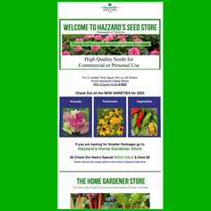 the home gardener's store website is displayed on a green background with images of flowers