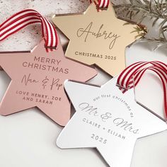 Customised Engraved Mirror Rose Gold, Gold & Silver Acrylic Star Christmas Tree Decoration Tree Circle, Gold Christmas Tree Decorations, Star Christmas Tree, Rose Gold Gifts, Wooden Christmas Decorations, Christmas Message, Silver Gift Wrap, School Craft, Star Christmas