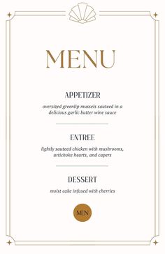 a menu with an art deco design in gold and white