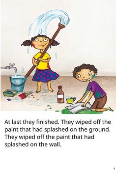 an image of two children cleaning the floor with a broom and water from a bucket