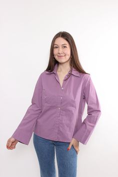 Hi! Welcome to TARASCOMMON.ETSY.COM, your destination for unique clothing from the 20th century! This listing includes a 90s minimalist long sleeve button up blouse in purple color way. This top is perfect for adding a touch of retro charm to your wardrobe. Key Features: 90s essential button up top Vintage style casual wide sleeve blouse Size: LARGE, 44 label size Measurements (taken seam to seam while lying flat): Sleeve: 42cm / 16.53inch (armpit to end of sleeve) Width: 50cm / 19.68inch Length Purple Blouse, Top Vintage, Unique Outfits, Wide Sleeves, Blouse Vintage, Button Up Shirt, Vintage Tops, Sleeve Cotton, Womens Clothing Tops