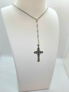 Handmade Cross Crucifix Rosary Necklace, Y Lariat Necklace Crystal Bead Cross Necklace Gothic Cross Minimalist Necklace by The3rdEyeBoutique on Etsy Silver Cross Rosary For Wedding, Silver Cross Jewelry For Confirmation, Adjustable Cross Jewelry For Wedding, Silver Crucifix Necklace For Baptism, White Crucifix Cross Necklace For Wedding, Silver Rosary For Baptism, Silver Cross Necklace For Confirmation, Adjustable Elegant Rosary For Baptism, Elegant Adjustable Rosary For Baptism