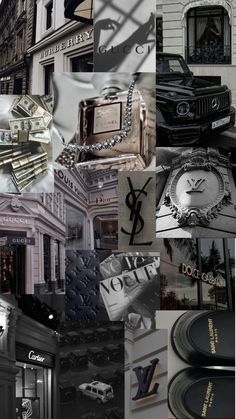 the collage shows many different types of clocks and other things in black and white