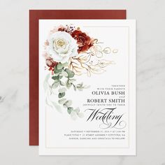 a wedding card with roses and leaves on it