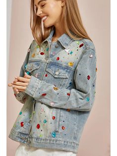 Denim jacket with colorful gems all over for a more stylish look. This jacket features long sleeve button-down front and pockets. Sock Shoes, Sewing Fabric, Kids Hoodie, Sewing Patterns, Denim Jacket, Gems, Celebrities, Long Sleeve, Blue