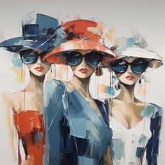 three women with hats and sunglasses on their heads