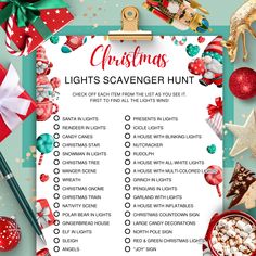 a christmas light scavenger hunt is shown on a clipboard surrounded by holiday decorations