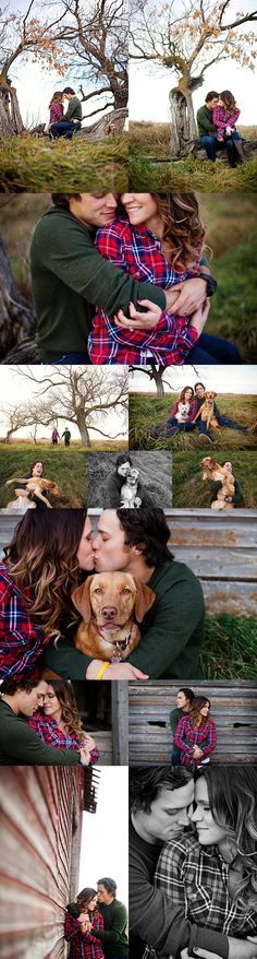 two people sitting on a park bench with their dog in front of them and one person kissing the other