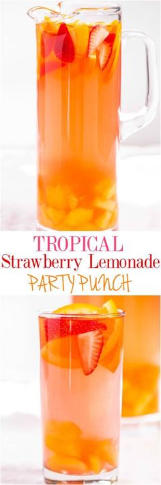 tropical strawberry lemonade party punch in a pitcher