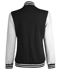 White and Black Varsity Jacket
This Women's Letterman Jacket Black And White is a fashion-forward piece for all seasons. Featuring a fleece body and viscose lining, rib-knit collar and button closure, a regular fit, and two pockets, this black fleece jacket can be paired with your favorite t-shirt or leggings. A perfect varsity jacket for all your casual styles. Streetwear Track Jacket With Padded Collar, Black Varsity Jacket With Stand Collar And Pockets, Black Outerwear With Pockets For College, College Style Black Outerwear With Pockets, Fall Cotton Track Jacket With Collar, Cotton Track Jacket With Baseball Collar For Fall, Fitted Outerwear With Contrast Collar And Long Sleeves, Sporty Black Outerwear With Button Closure, Fall Varsity Jacket With Stand Collar