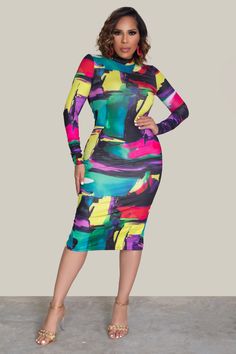 Step into sophistication with our Presley Colorblock Split Hem Back Bodycon Dress. This elegant midi dress features a striking colorblock pattern and a chic stand collar neckline. The long sleeves add a touch of refinement, while the pencil hem shape accentuates your curves. With its stylish back split detail, this dress offers both elegance and allure. Perfect for any occasion, from formal events to cocktail parties, the Presley dress is sure to make a statement wherever you go. 91% Polyester, Multicolor Midi Bodycon Dress For Party, Multicolor Midi Bodycon Party Dress, Spring Knee-length Bodycon Long Sleeve Dress, Multicolor Long Sleeve Bodycon Dress For Night Out, Multicolor Stretch Bodycon Dress For Fall, Color Block Long Sleeve Party Dress, Party Color Block Knee-length Dress, Long Sleeve Color Block Party Dress, Chic High Neck Long Sleeve Dress For Spring