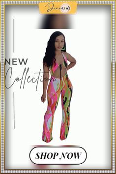 Elegant Printed Women Sleveeless Halter Hollow Out Party Clubwear Summer One Piece Wide Leg Jumpsuit Sleeveless Summer Sets For Beach Party, Sleeveless Summer Beach Party Sets, Sleeveless Sets For Summer Beach Party, Sleeveless Swimwear For Summer Party, Two-piece Beachwear Sets For Party, Two-piece Beachwear Party Set, Summer Club-ready Fitted Jumpsuits And Rompers, Trendy Sleeveless Green Set, Flirty Sleeveless Halter Top For Party