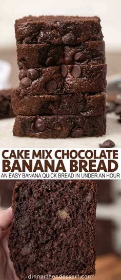 chocolate banana bread stacked on top of each other with the words cake mix chocolate banana bread