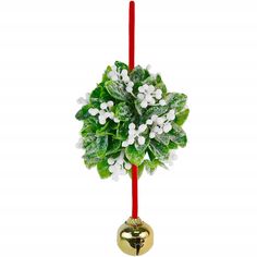 a christmas decoration with white flowers and red ribbon on a pole in front of a white background