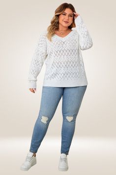 Elevate your style with our white knitted plus size sweater. Crafted from premium acrylic, it provides a cozy fit and a timeless v-neck neckline for effortless elegance. Ideal for the fall/winter months. Knitting Detail Athletic Trim Long Sleeve White Knit V-neck Sweater, White V-neck Knit Sweater, White Knit V-neck Sweater For Layering, White Soft Knit V-neck Sweater For Layering, Pointelle Knit V-neck Sweater For Layering, White Soft Knit V-neck Sweater, White V-neck Soft Knit Sweater, V-neck Pointelle Knit Sweater, Winter White V-neck Sweater For Layering