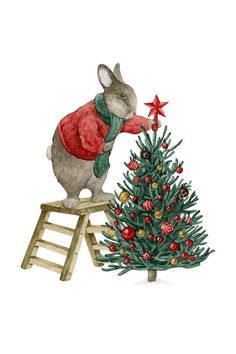 a watercolor painting of a rabbit on a ladder next to a small christmas tree