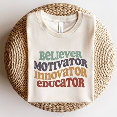 Teacher Shirt, Believer, Motivator, Innovator, Educator Team TShirt, Cute Back to School, Teacher Gift Tee, Elementary Middle Teacher Shirts More Education Styles Here: https://www.etsy.com/shop/TheGraphicPeach?ref=seller-platform-mcnav§ion_id=34195008 For environmental and human friendly reason, this product is only made when you order. Turnaround time is usually 1-5 business days before shipping, but can increase during holiday periods. Our professional printers always strive to ship as quickl Team Tshirt, School Shirt Designs, Education Shirts, Teaching Outfits, Teaching Shirts, Middle School Teachers, School Teacher Gifts, Teacher Outfit, Teacher Style