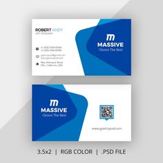 a blue and white business card with an abstract design