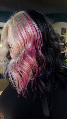 Hot Pink Hair Color, Hair Color Designs, Blonde To Black, Two Tone Hair Color, Pink And Black Hair, Hair Colour Design, Pink Blonde Hair