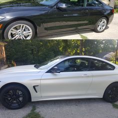 before and after photos of a white bmw coupe parked in front of a house with black rims