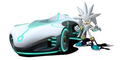 sonic the hedgehog in front of a futuristic car with glowing wheels and rims