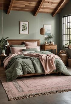 a bedroom with green walls and wooden ceilinging, large bed covered in pink linens