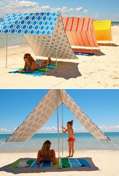 two pictures of people sitting on the beach under a tent and one is laying down