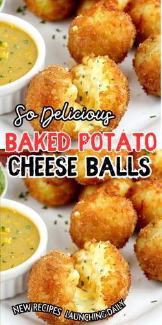 baked potato cheese balls on a plate with dipping sauce